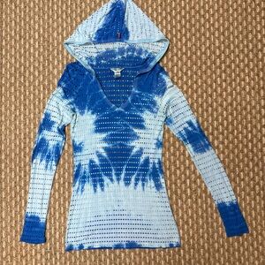 Hard Tail Forever Mesh Hooded LS Pullover V- Neck Tee Women Sz M Blue Tie Dye